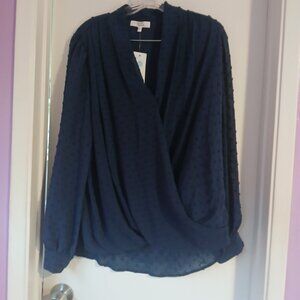 Beacon Appatel Women's Faux Wrap Swiss Dot Long Sleeve Navy Top NWOT